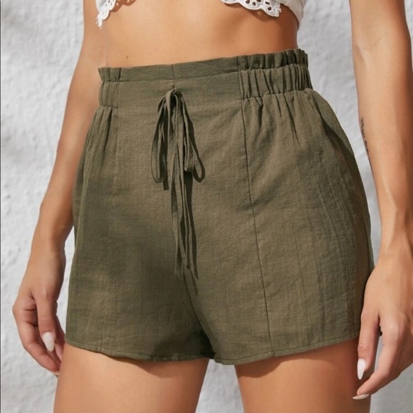 frill TRIM KNOT WAIST SOLID SHORTS | ARMY GREEN | PLAIN | SOLID | FRONT TIE - Picture 3 of 6
